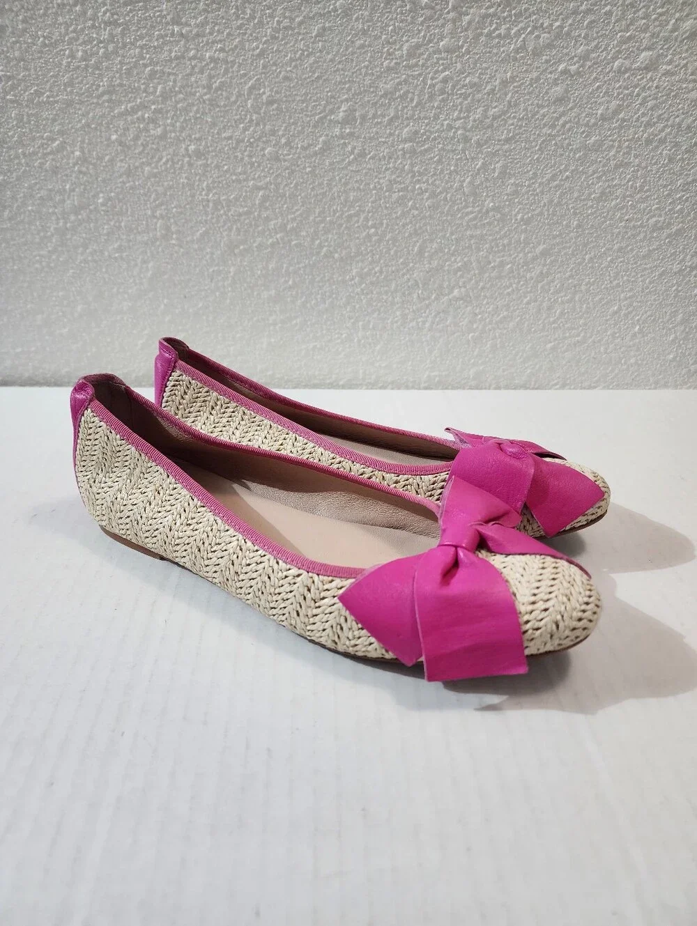 Patricia Green St Tropez Raffia Ballet Flats Fuchsia Leather Bow Women's Size 9
